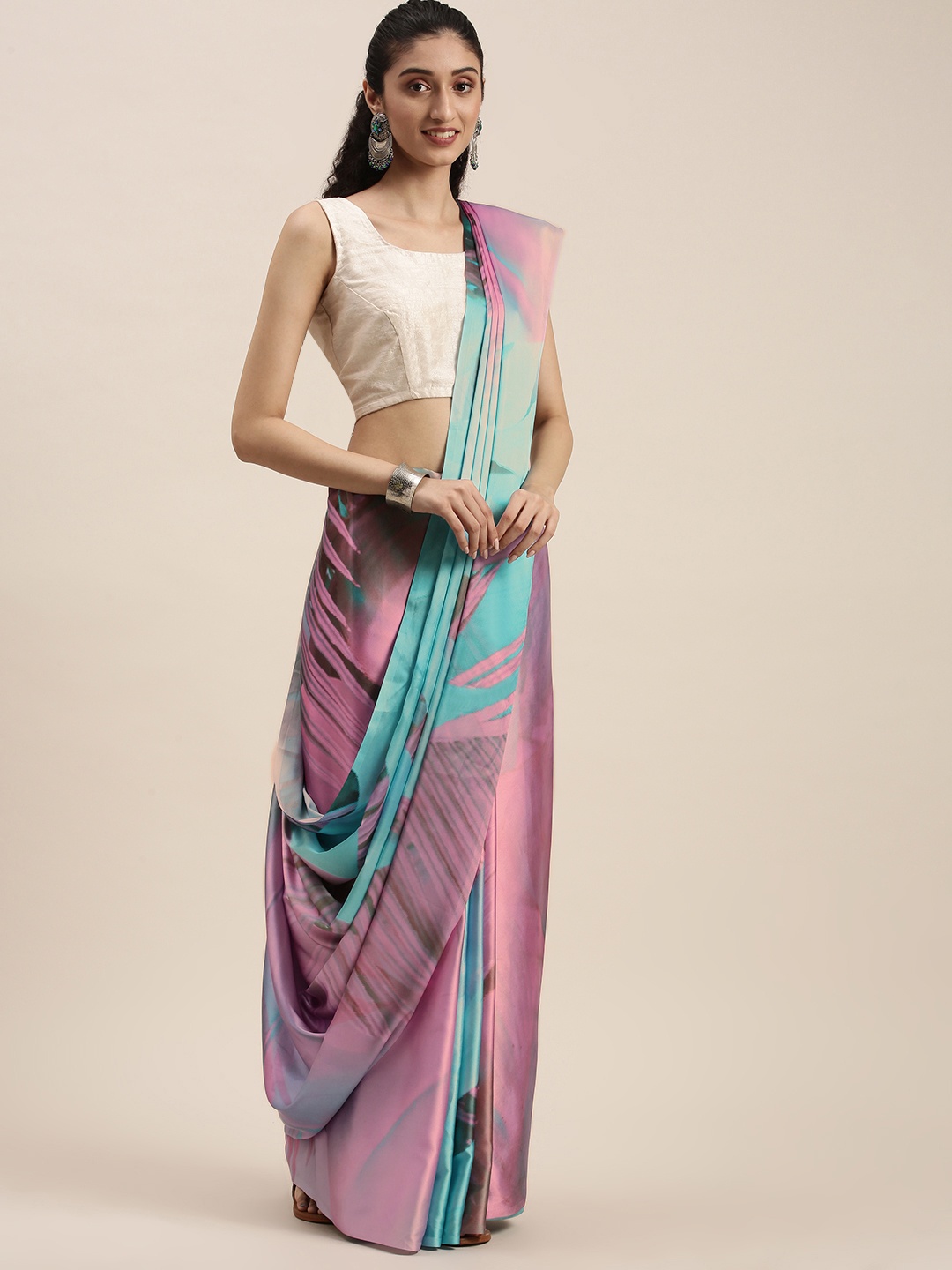 

Mitera Pink & Turquoise Blue Satin Saree