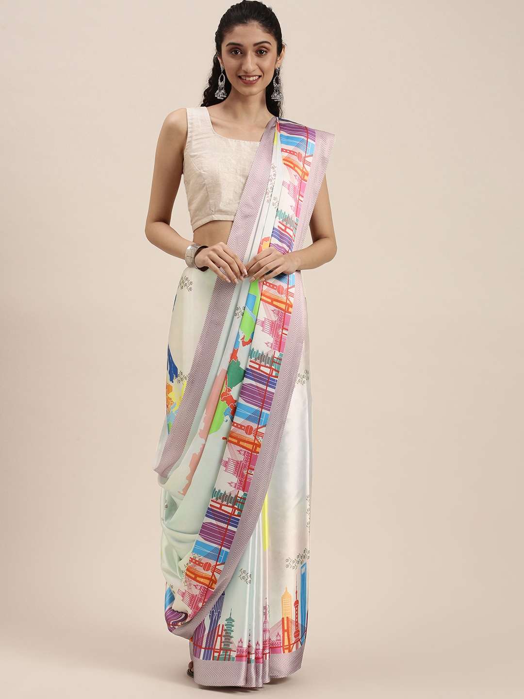

Mitera White Satin Saree