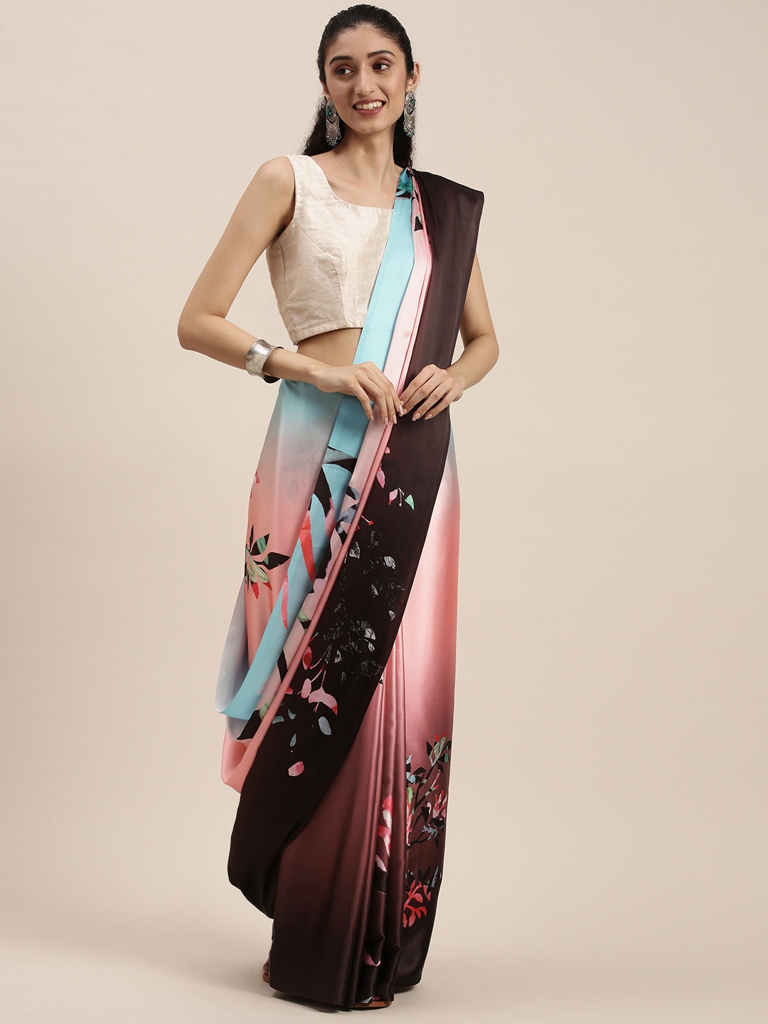 

Mitera Turquoise Blue & Burgundy Floral Satin Saree