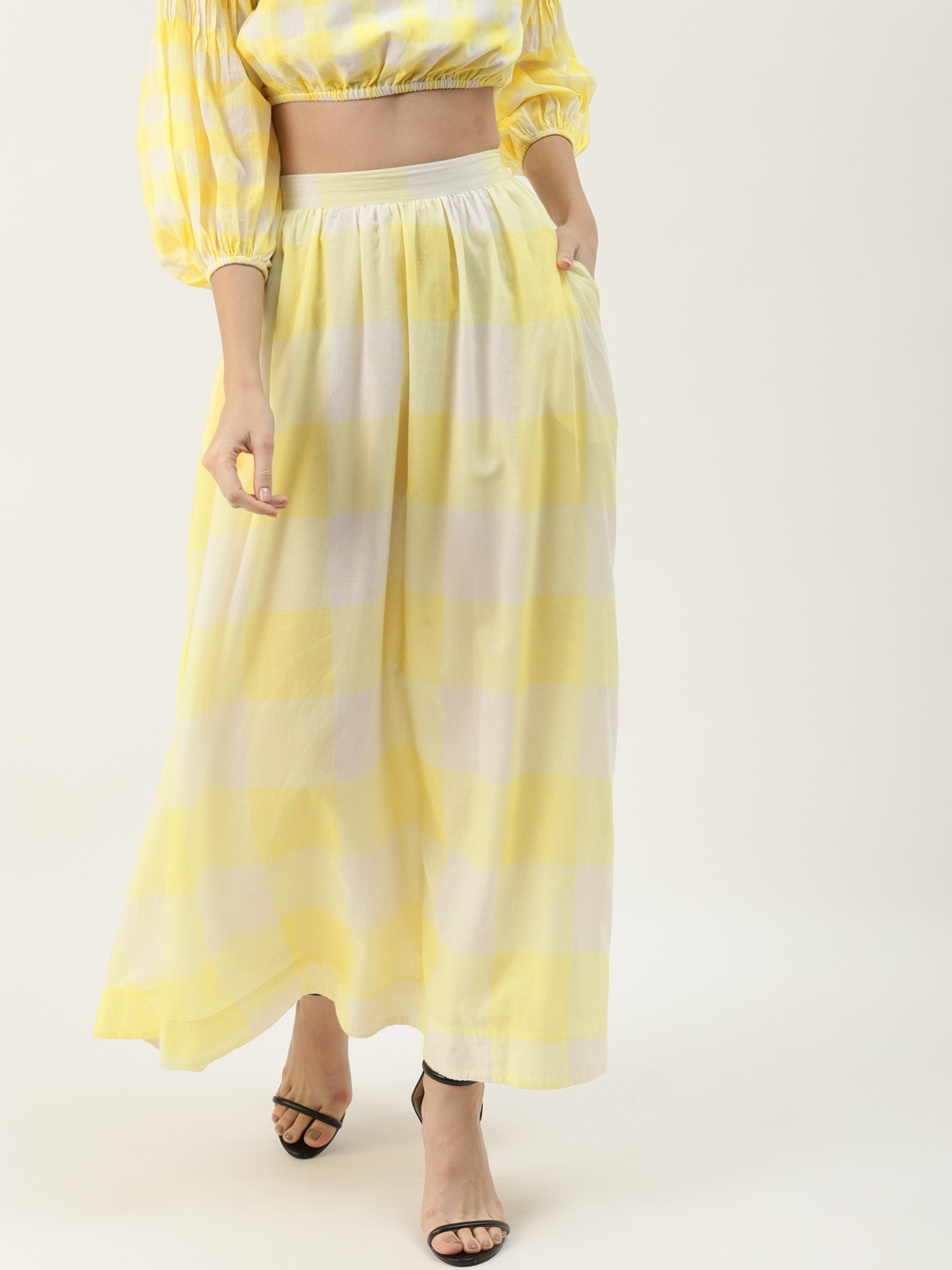 

Ancestry Women Yellow & White Checked Pure Cotton Flared Maxi Skirt