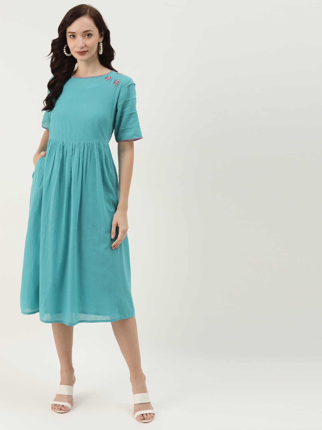 

Ancestry Blue Floral Embroidered Midi Dress