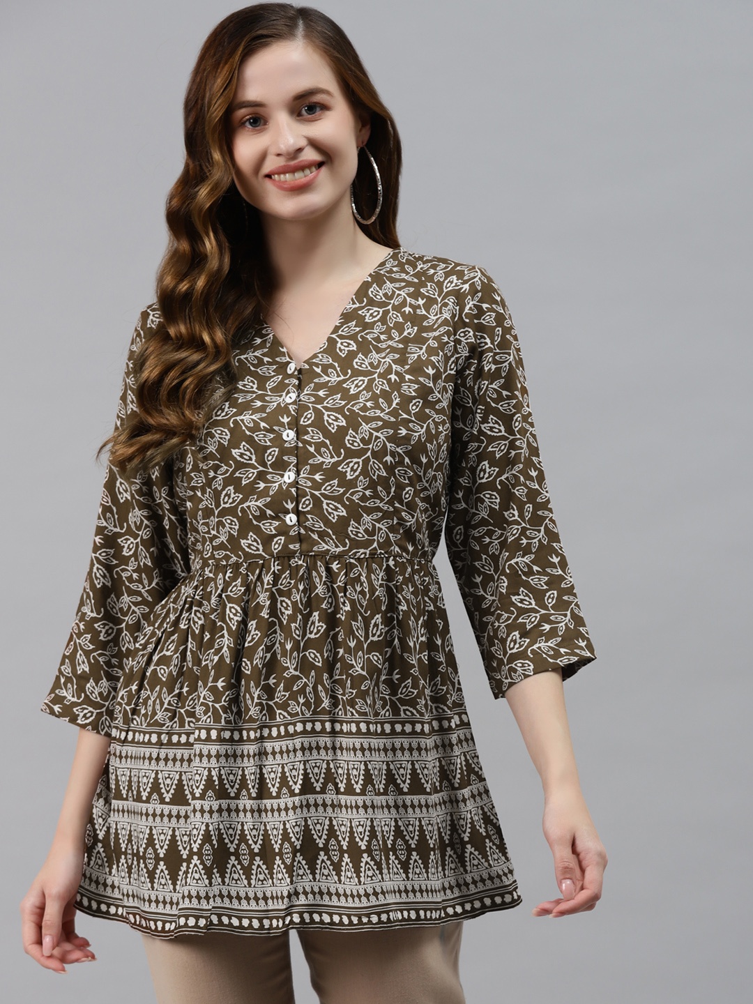 

Ayaany Olive Green Floral A-Line Top