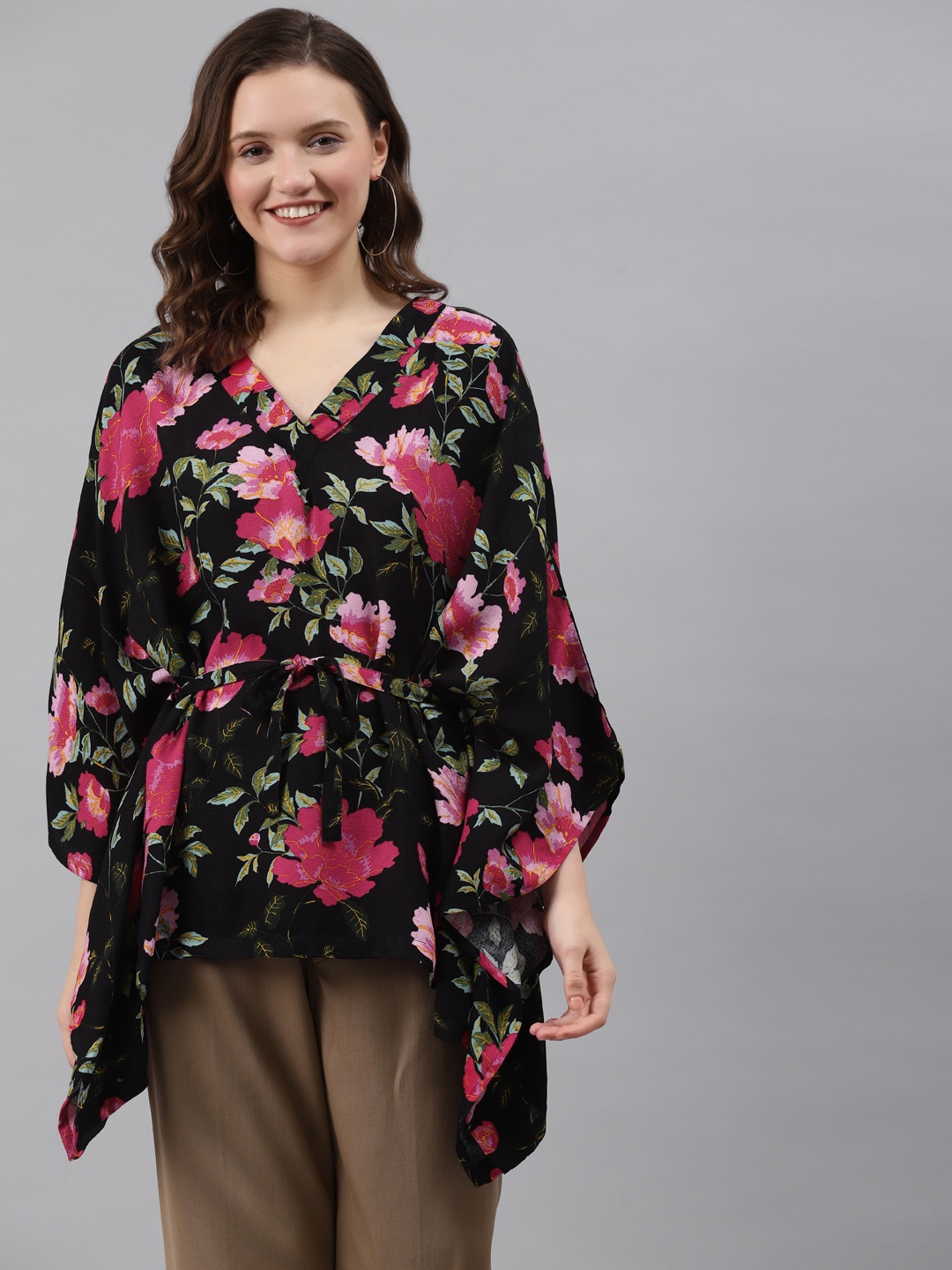 

Ayaany Black & Pink Floral A-Line Top