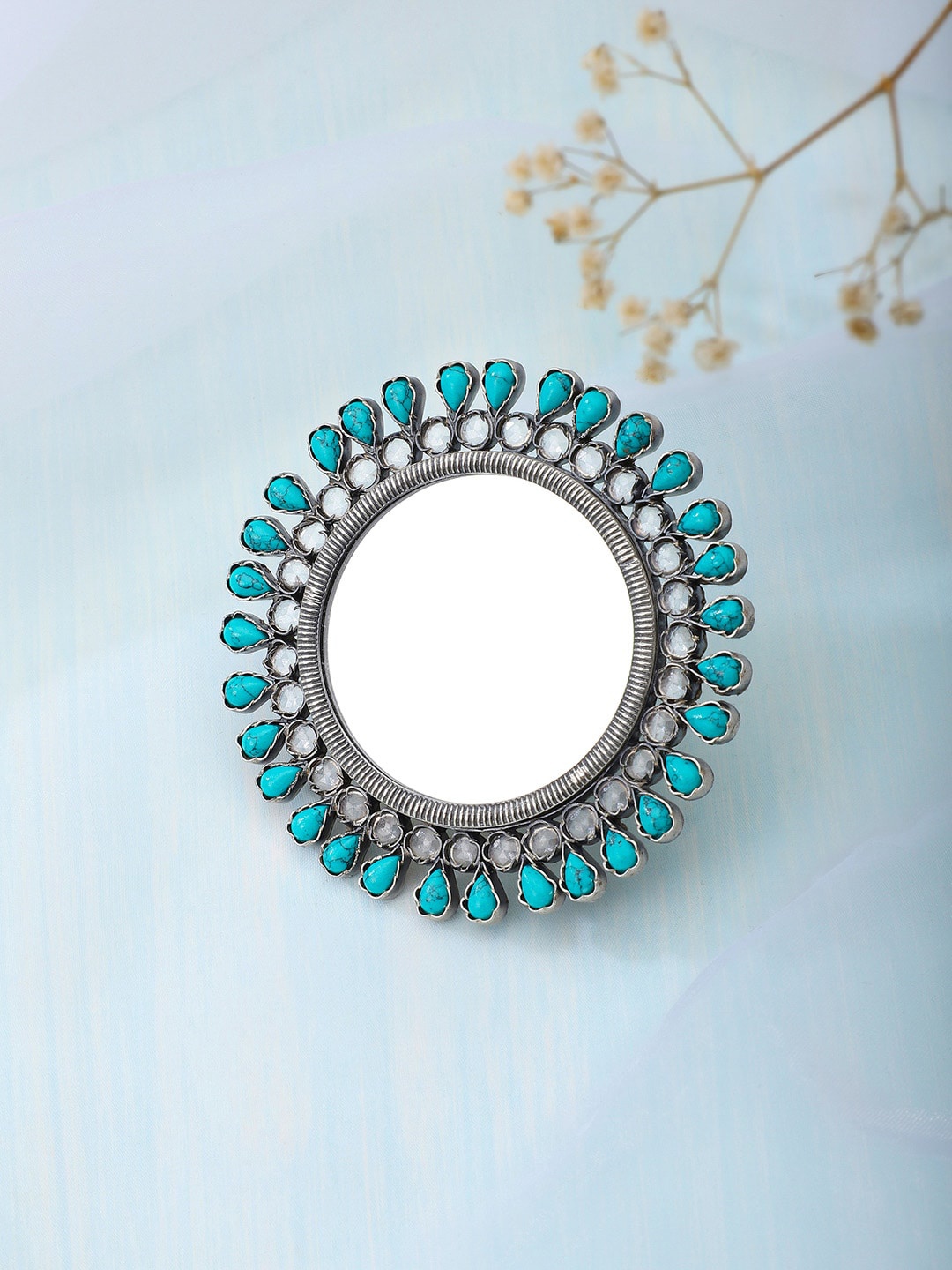 

Fabindia Silver-Toned & Turquoise Blue Stone Studded Finger Ring