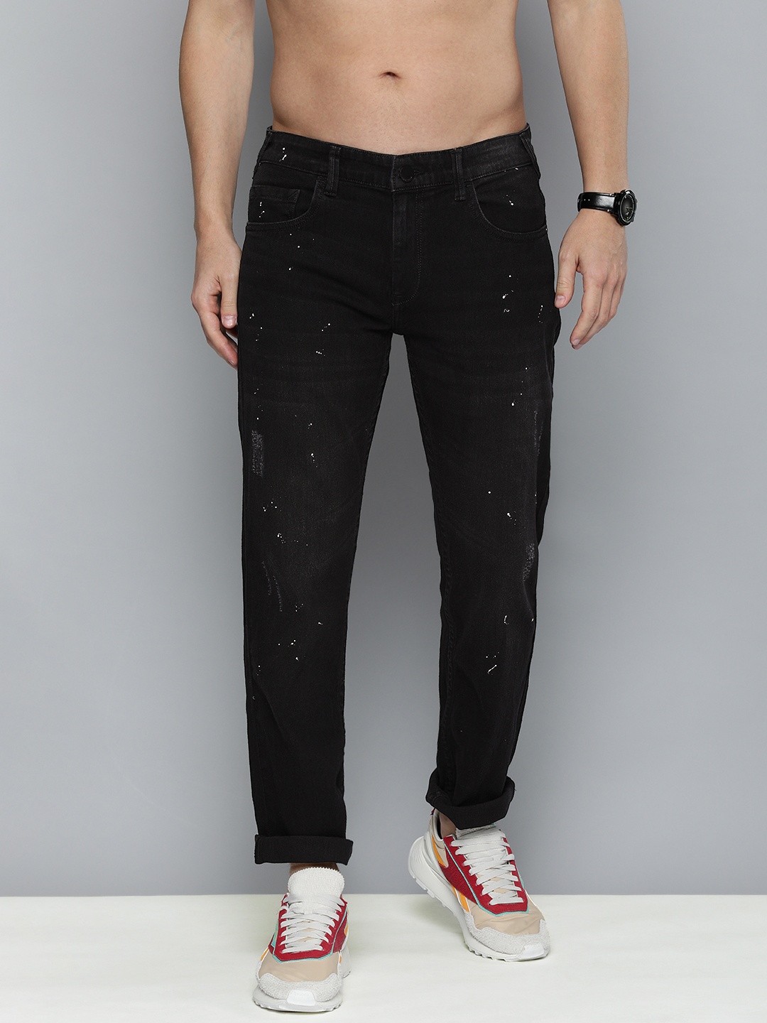 

HERE&NOW Men Black Low Distressed Printed Mid-Rise Stretchable Jeans