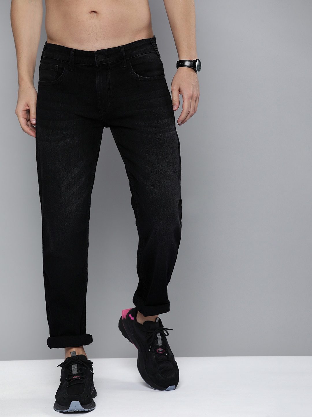 

HERE&NOW Men Black Regular Fit Low-Rise Light Fade Stretchable Jeans