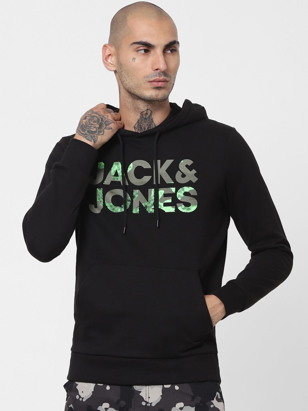 

Jack & Jones Men Black Printed Hooded Sweatshirt