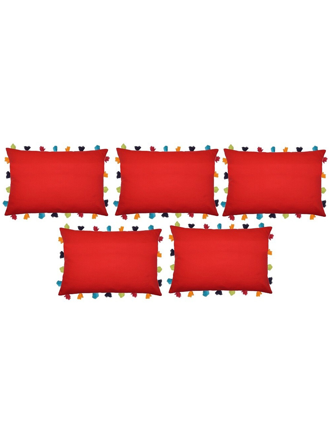 

Lushomes Set of 5 Red Cotton Rectangle Cushion Covers With Colorful Tassels