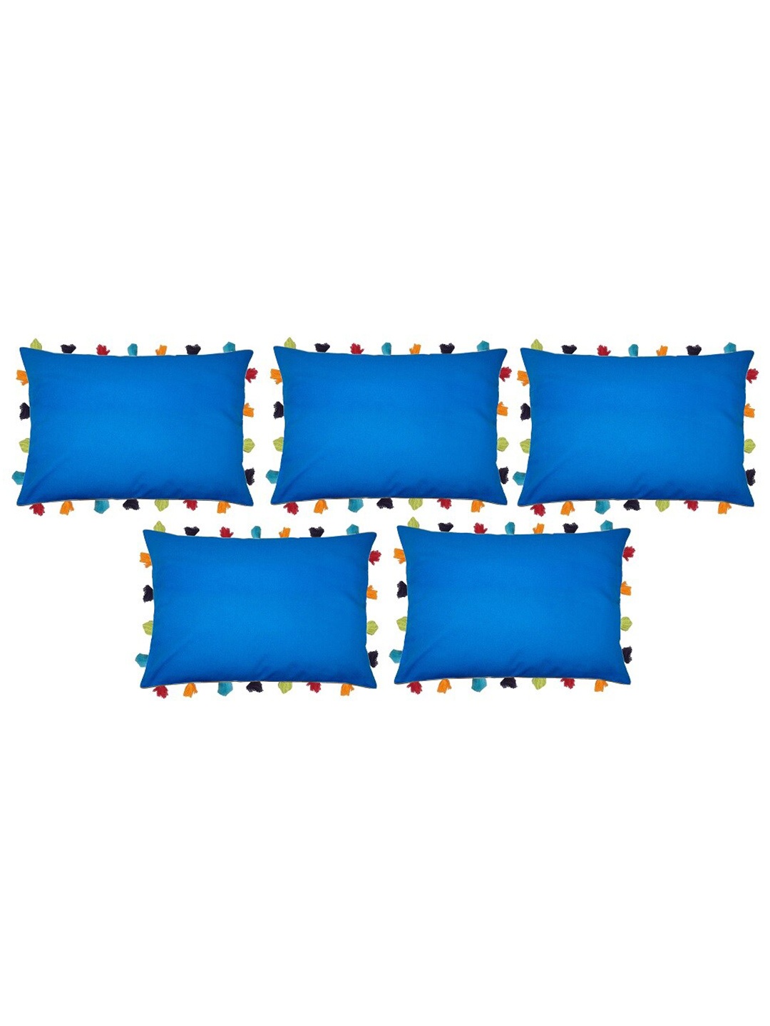 

Lushomes Set of 5 Blue Cotton Rectangle Cushion Covers With Colorful Tassels
