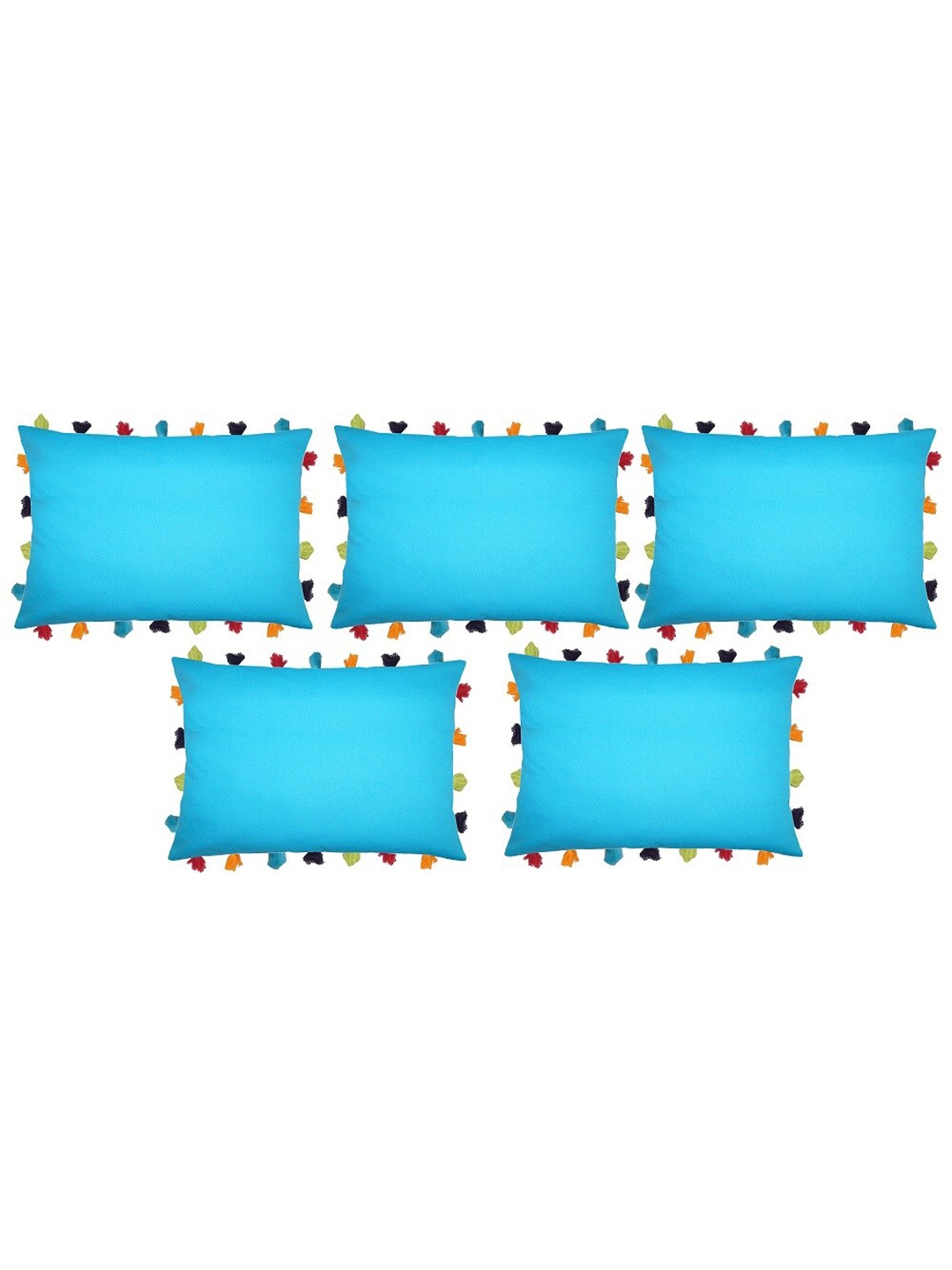 

Lushomes Set of 5 Blue Cotton Rectangle Cushion Covers With Colourful Tassels