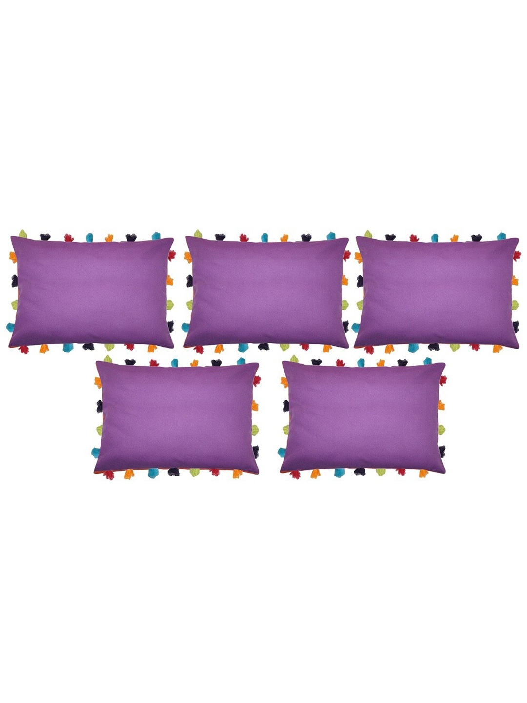 

Lushomes Set Of 5 Purple Cotton Rectangle Cushion Covers With Colourful Tassels