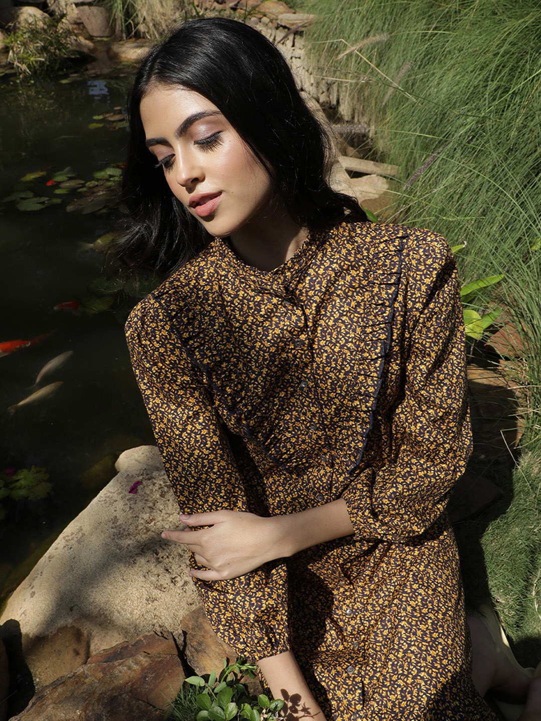 

RAREISM Yellow & Black Floral Ruffle Shirt Dress
