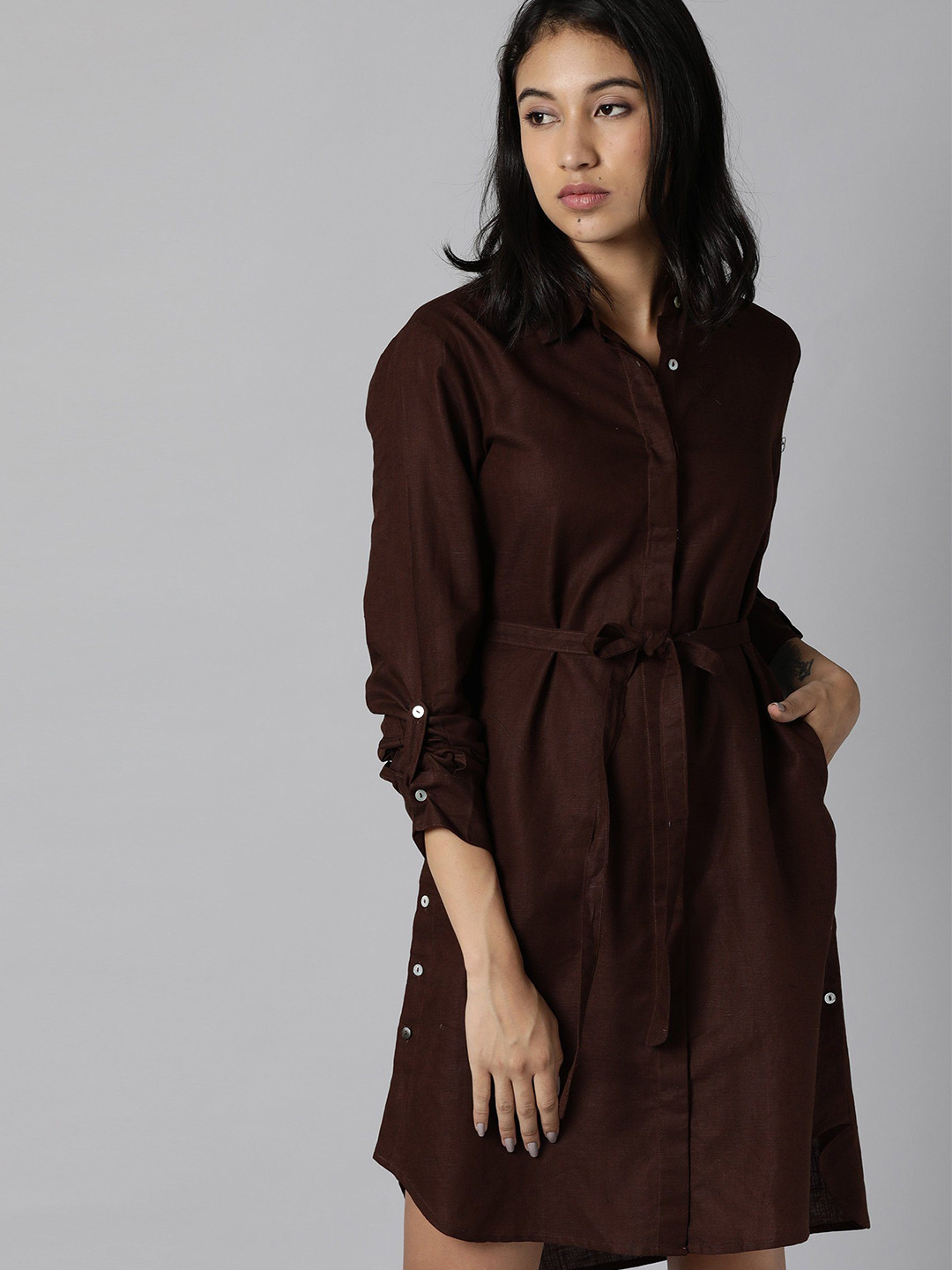 

RAREISM Brown Solid Shirt Dress With Belt