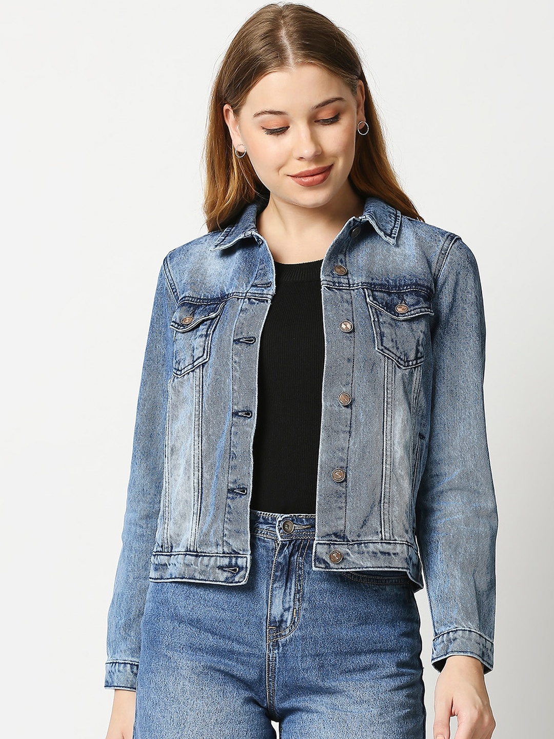 

High Star Women Blue Washed Crop Denim Jacket