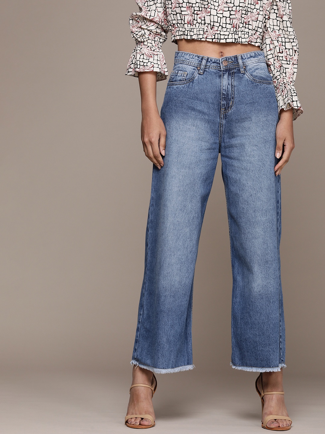 

High Star Women Blue Wide Leg High-Rise Heavy Fade Jeans