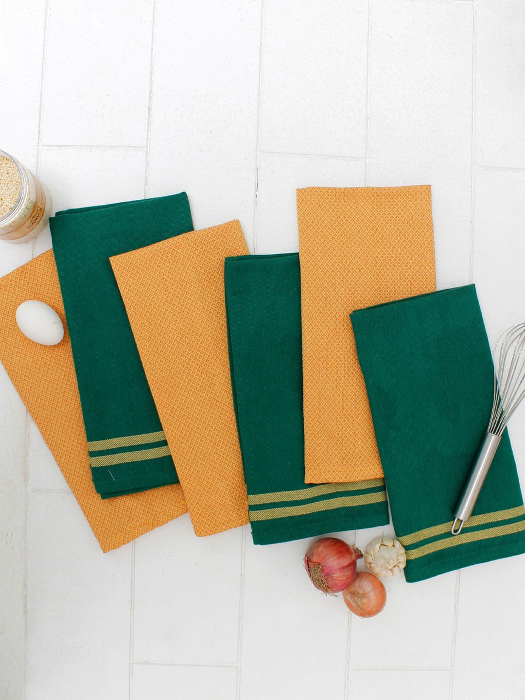 

AVI Living Pack of 6 Green & Yellow Cotton GSM 1500 Kitchen Towel Set with Loop