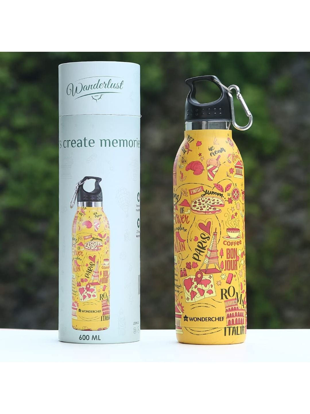 

Wonderchef Yellow & Pink Printed Wanderlust Stainless Steel Water Bottle 600 ML
