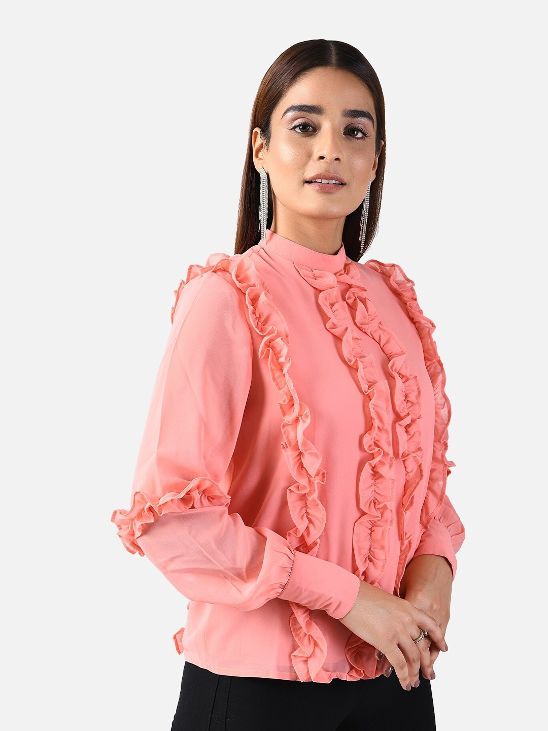 

ATTIC SALT Pink Ruffles Georgette Shirt Style Top