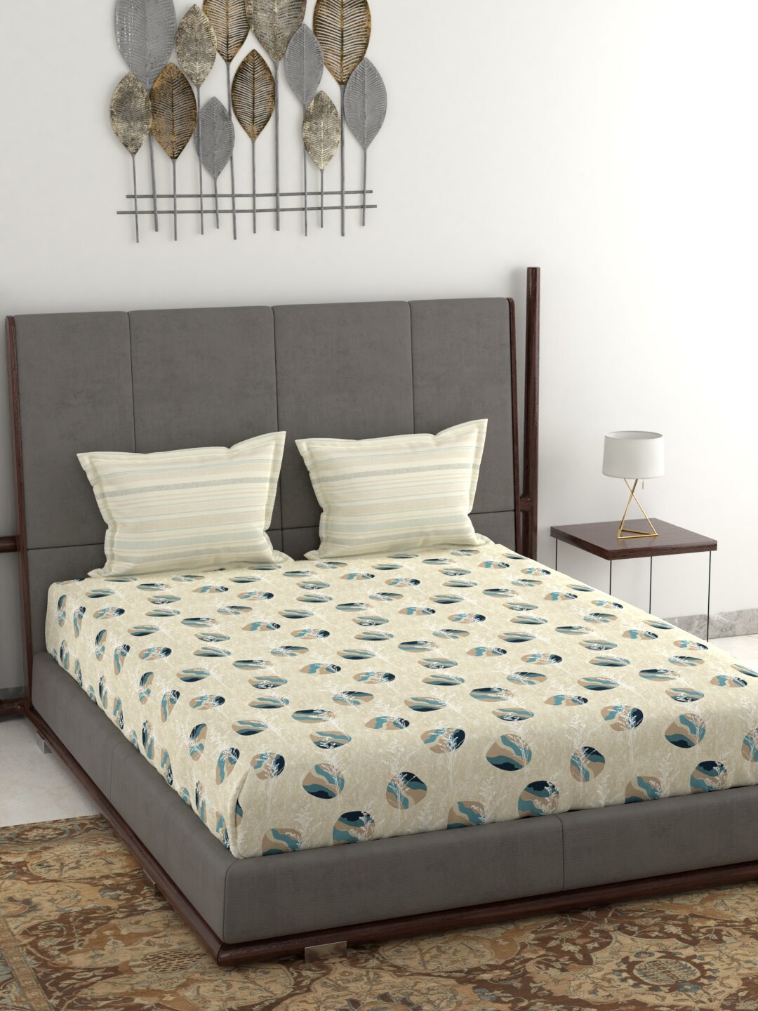 

Trident Cream-Coloured & Brown Geometric 130 TC Cotton Queen Bedsheet with 2 Pillow Covers