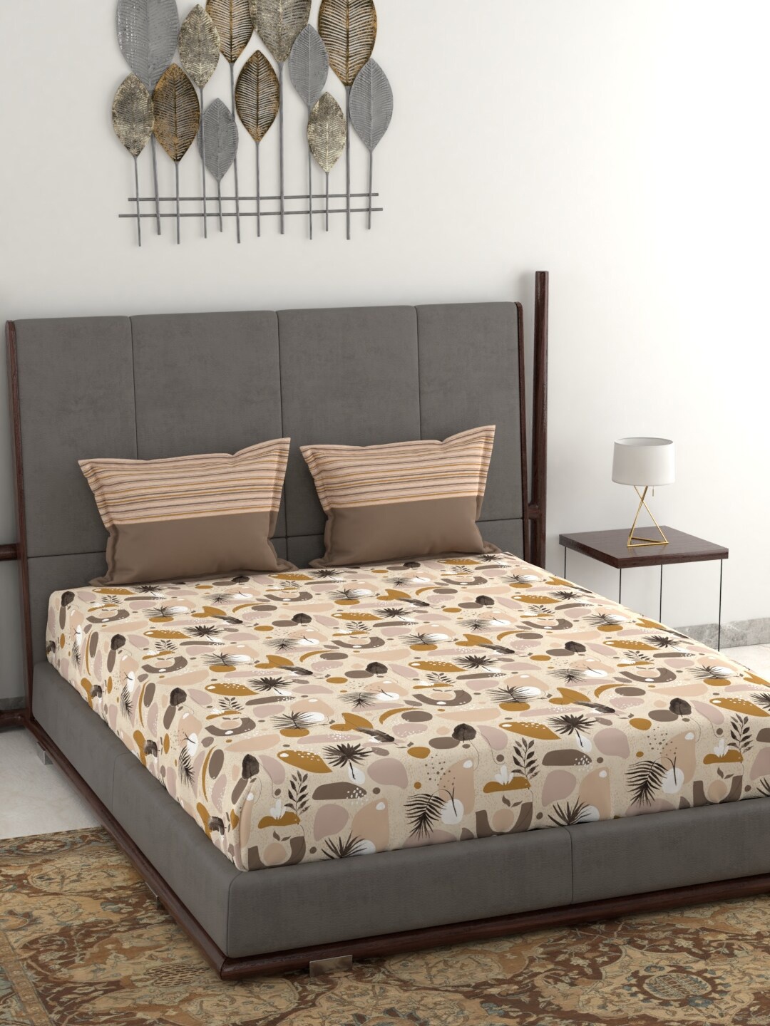 

MYTRIDENT Brown Floral 130 TC Cotton Anti-Microbial Queen Bedsheet with 2 Pillow Covers
