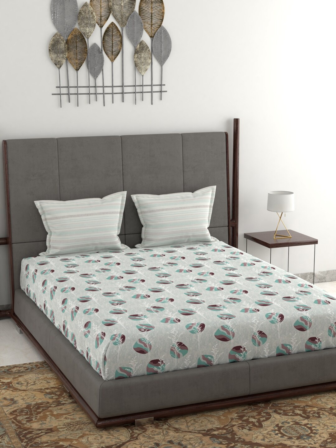 

MYTRIDENT Green Grey Geometric 130 TC Anti Microbial Queen Bedsheet with 2 Pillow Covers