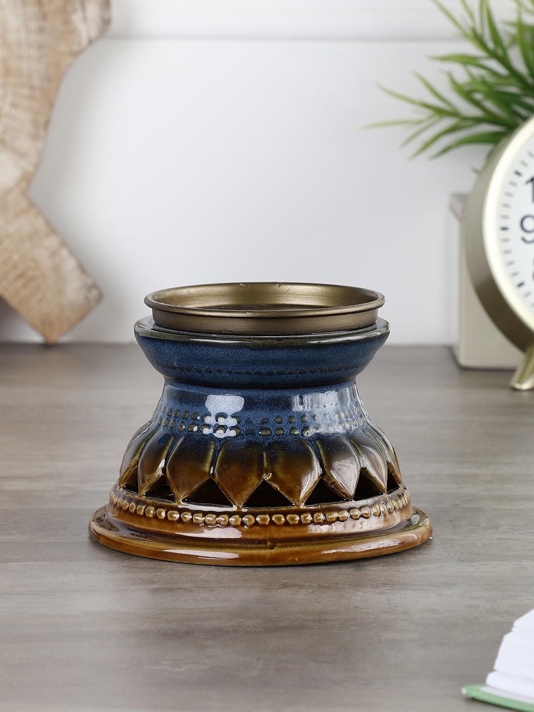 

MIAH Decor Blue & Brown Pottery Ceramic Pillar Candle Holder
