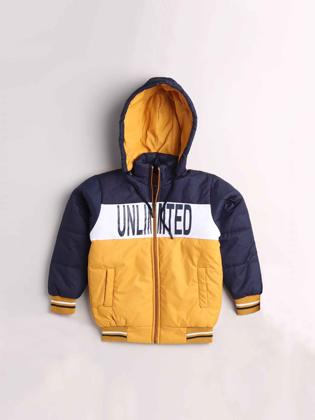 

Toonyport Boys Yellow Navy Blue Colourblocked Lightweight Padded Jacket