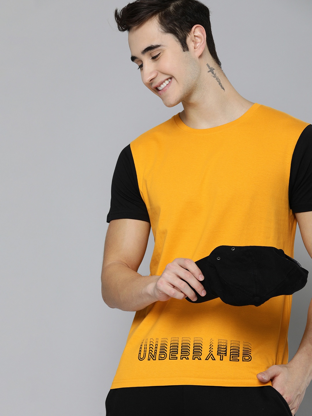 

HERE&NOW Men Mustard Yellow Typography Printed Pure Cotton T-shirt