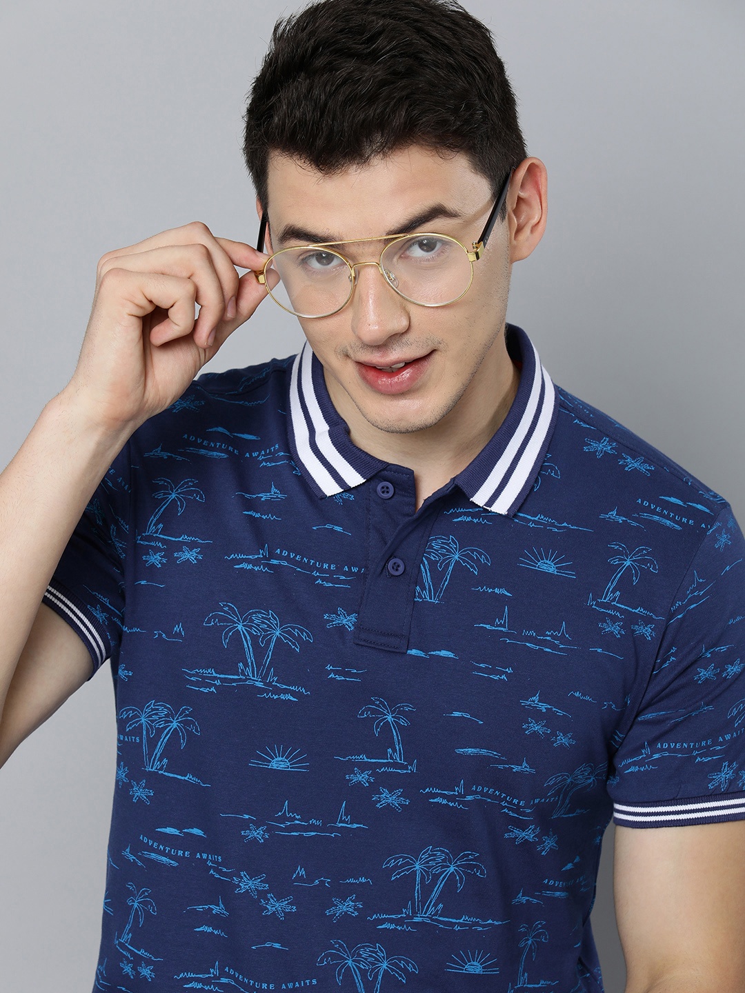 

HERE&NOW Men Navy Blue Printed Polo Collar T-shirt