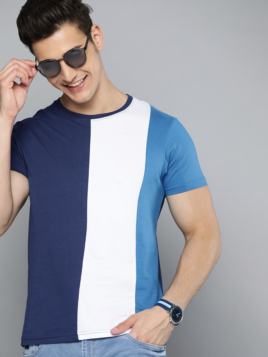 

HERE&NOW Men Blue & White Colourblocked Pure Cotton T-shirt