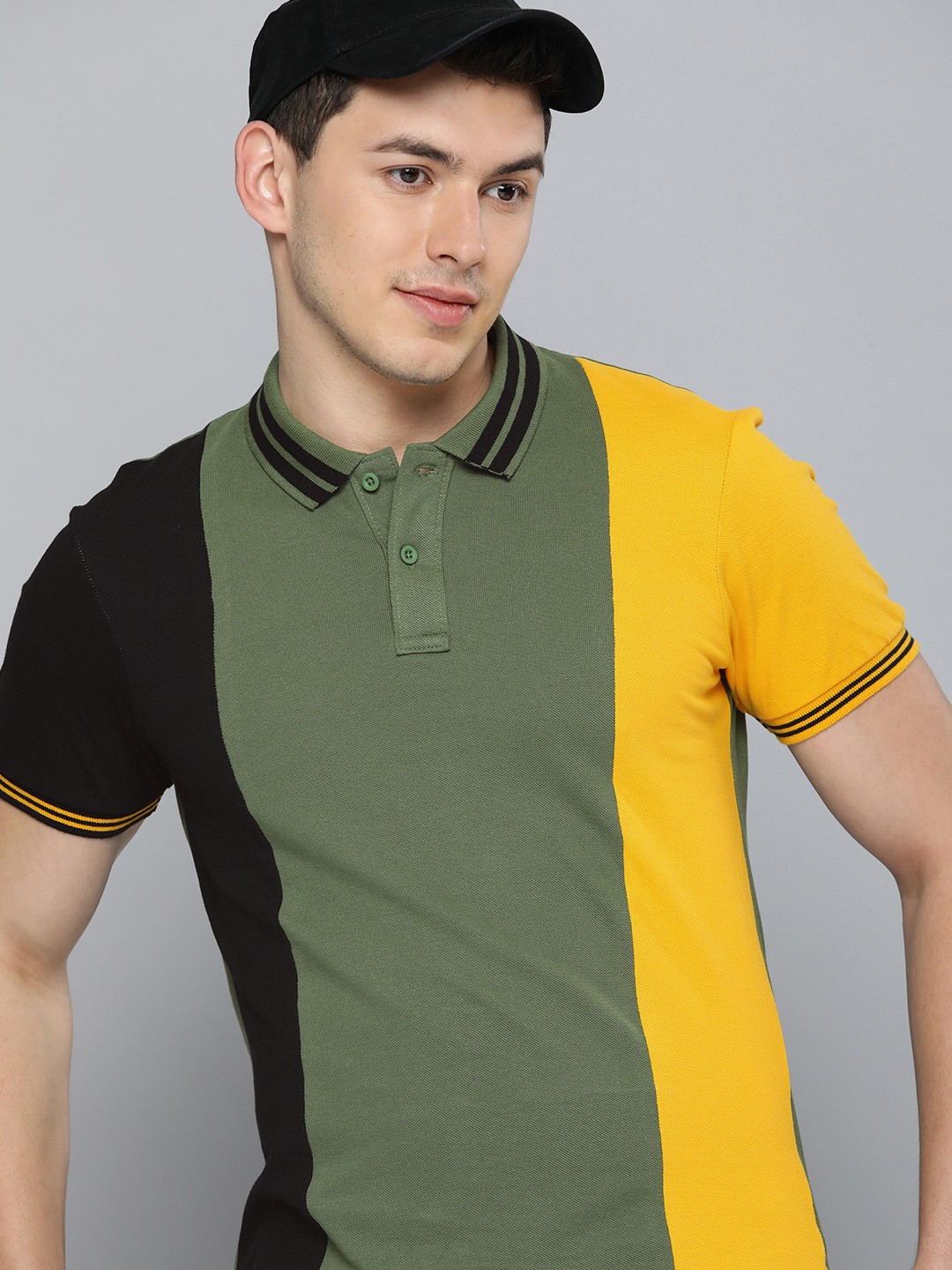 

HERE&NOW Men Olive Green & Black Colourblocked Polo Collar Casual T-shirt