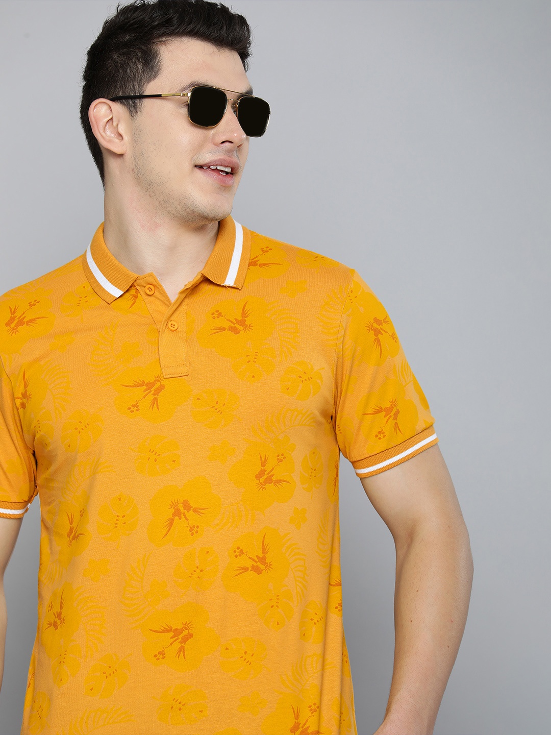 

HERE&NOW Men Mustard Yellow Printed Polo Collar T-shirt