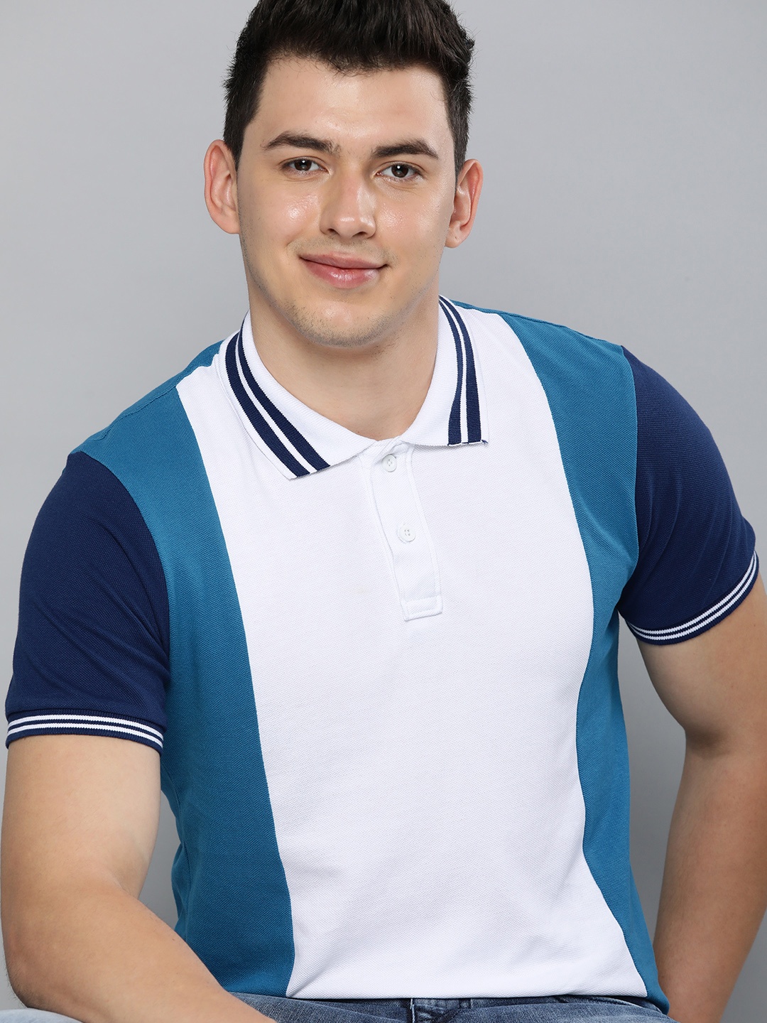 

HERE&NOW Men Teal Blue & White Colourblocked Polo Collar Pure Cotton T-shirt