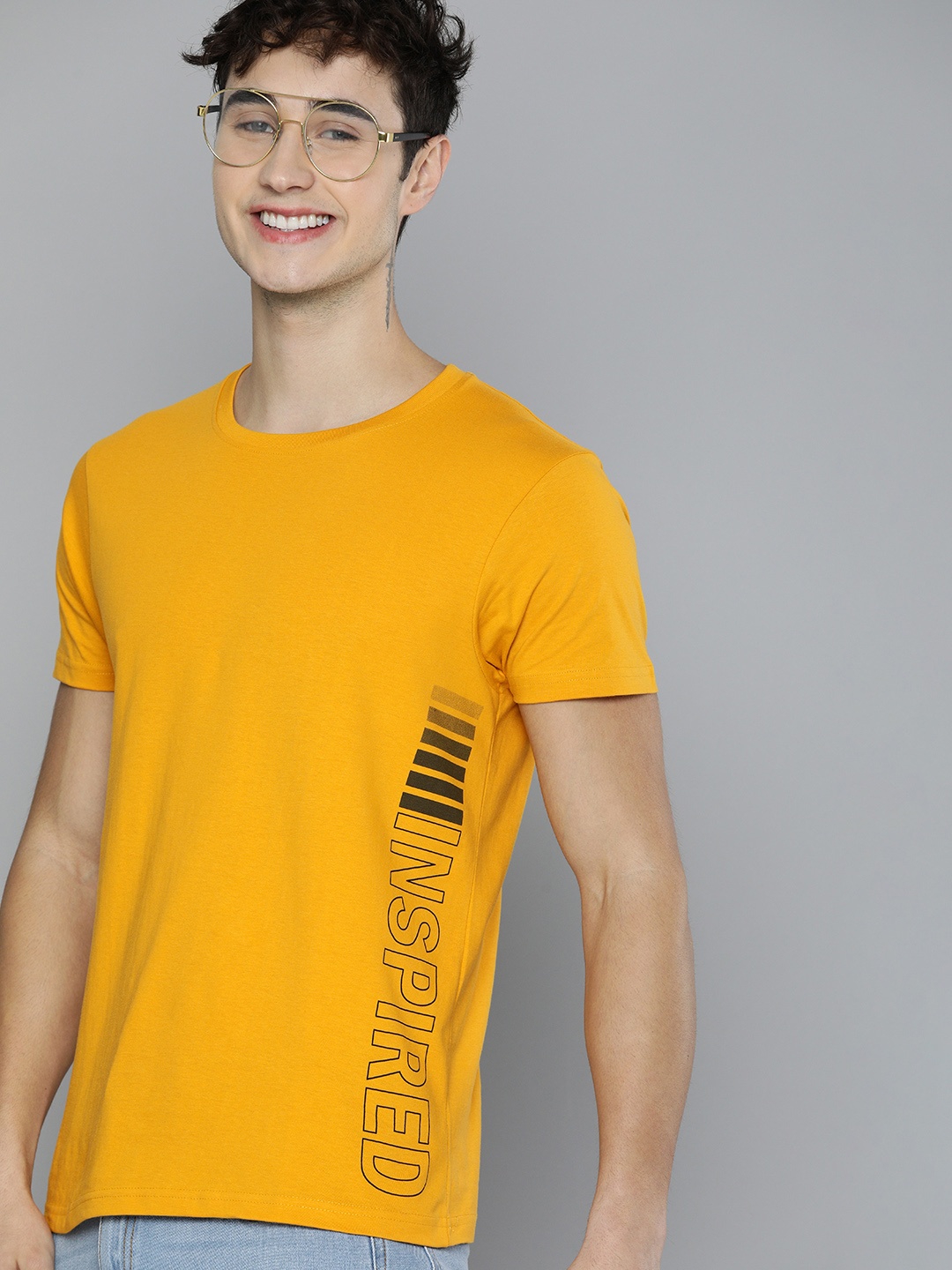 

HERE&NOW Men Mustard Yellow Typography Printed Pure Cotton T-shirt