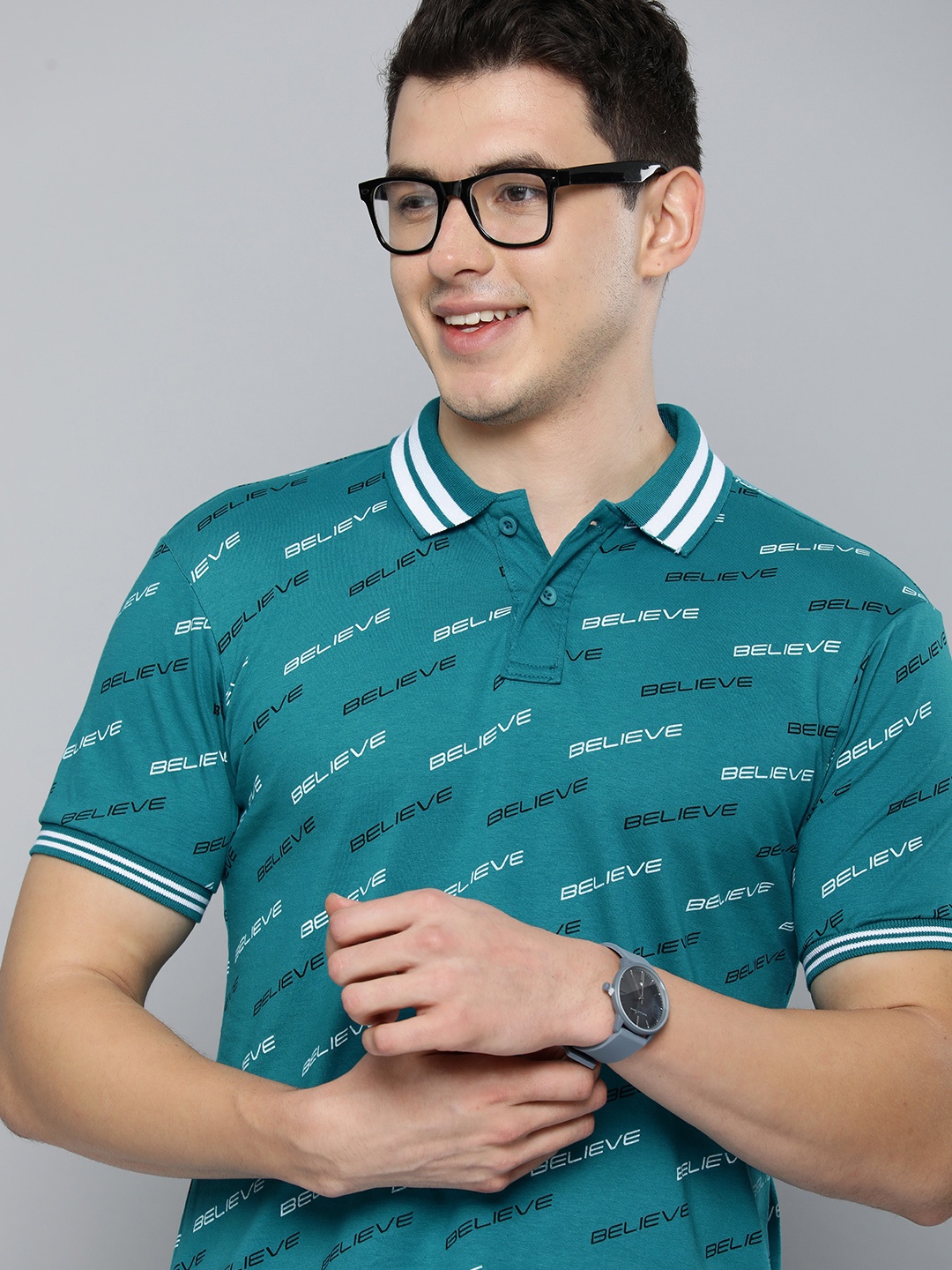 

HERE&NOW Men Teal Blue & White Typography Printed Polo Collar Pure Cotton T-shirt