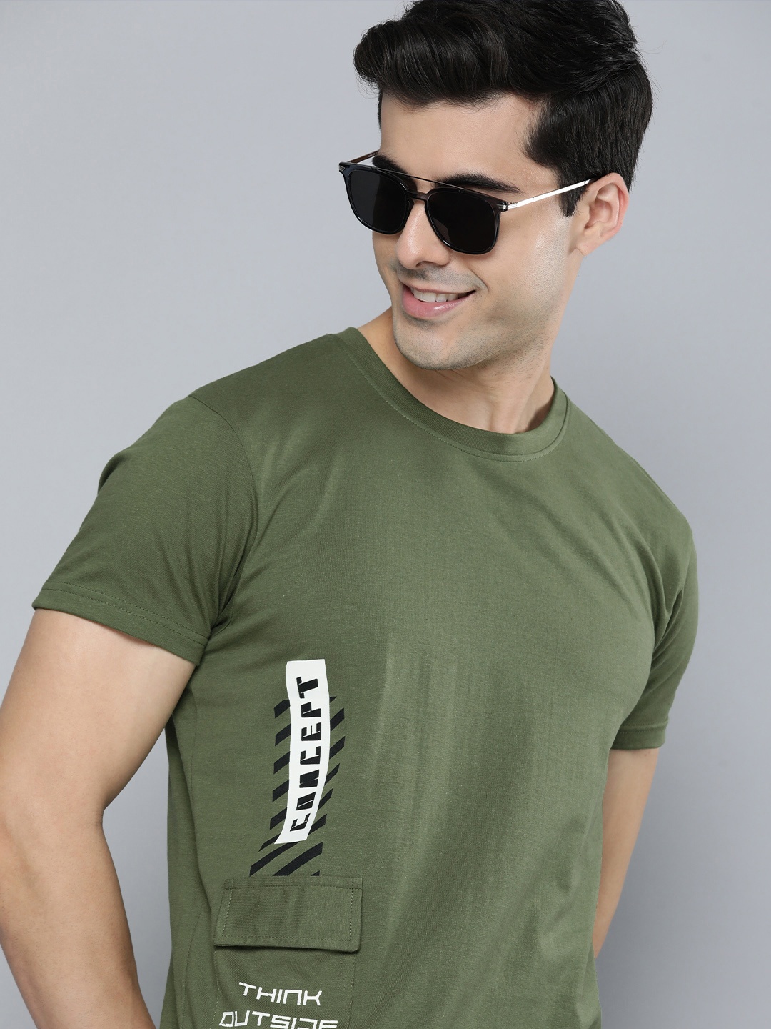 

HERE&NOW Men Olive Green & White Typography Printed Pure Cotton T-shirt