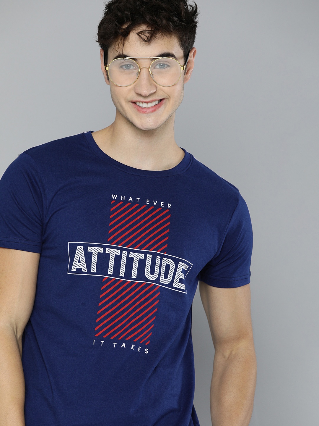 

HERE&NOW Men Navy Blue Typography Printed Pure Cotton T-shirt