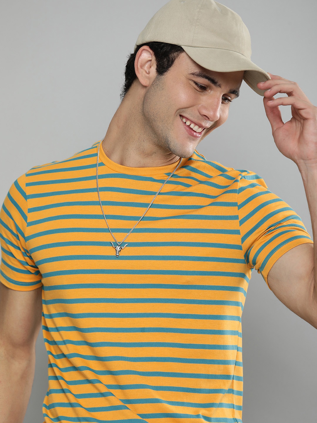 

HERE&NOW Men Mustard Yellow & Blue Striped Round Neck T-shirt