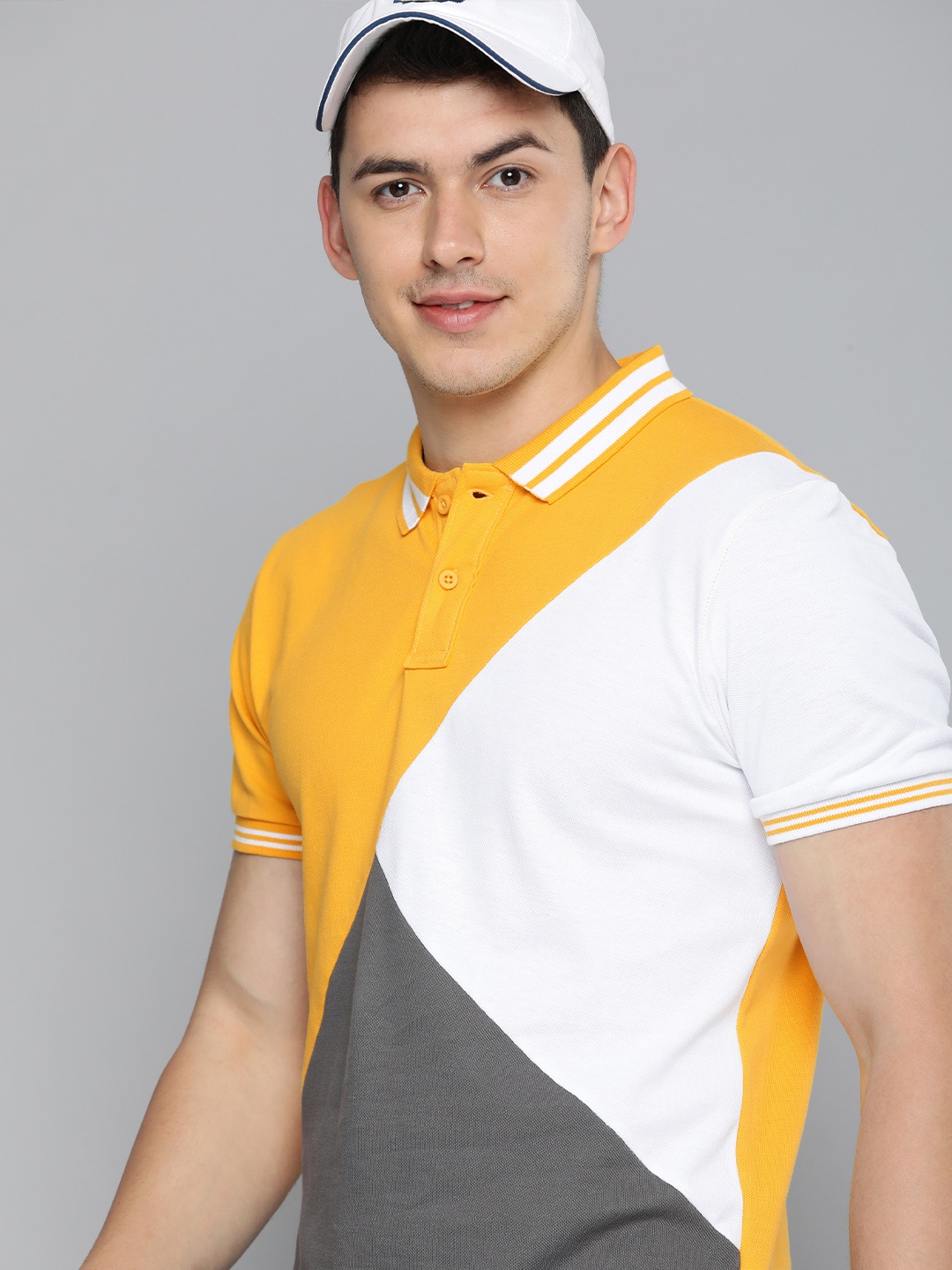 

HERE&NOW Men Yellow & White Colourblocked Polo Collar Casual T-shirt
