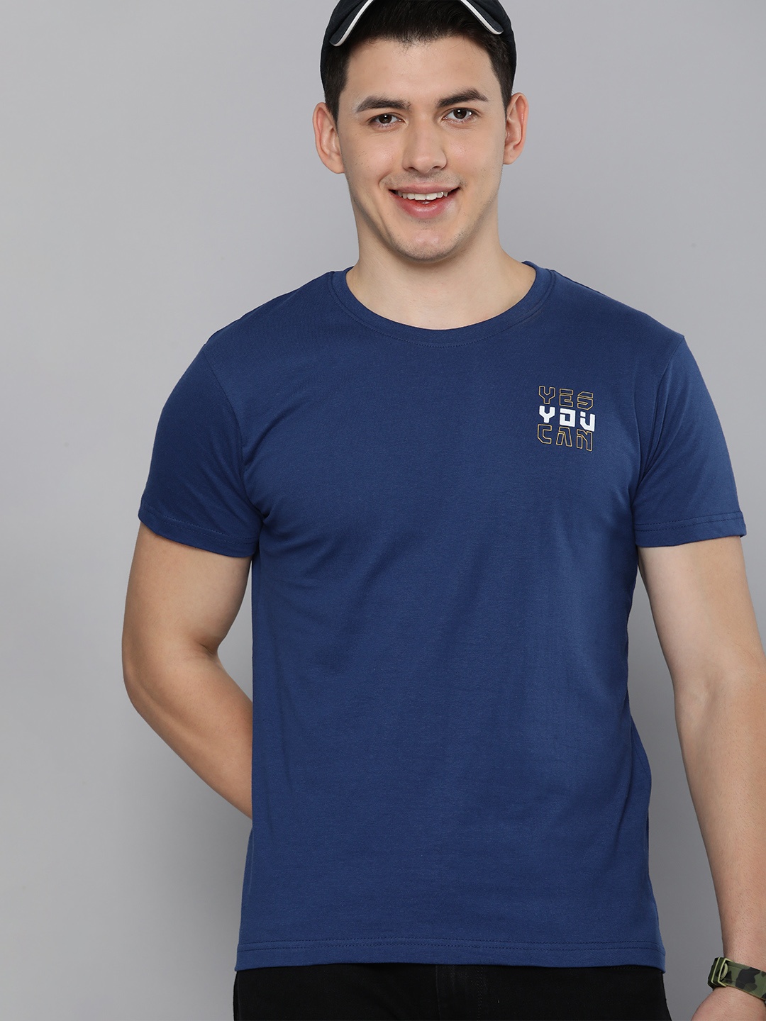 

HERE&NOW Men Navy Blue Cotton T-shirt