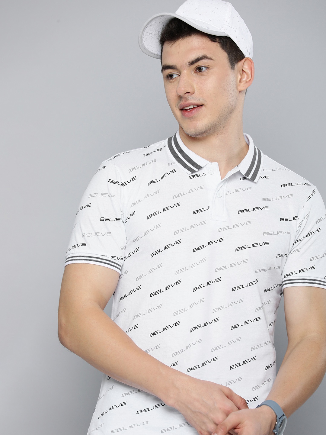 

HERE&NOW Men White & Black Typography Printed Polo Collar T-shirt