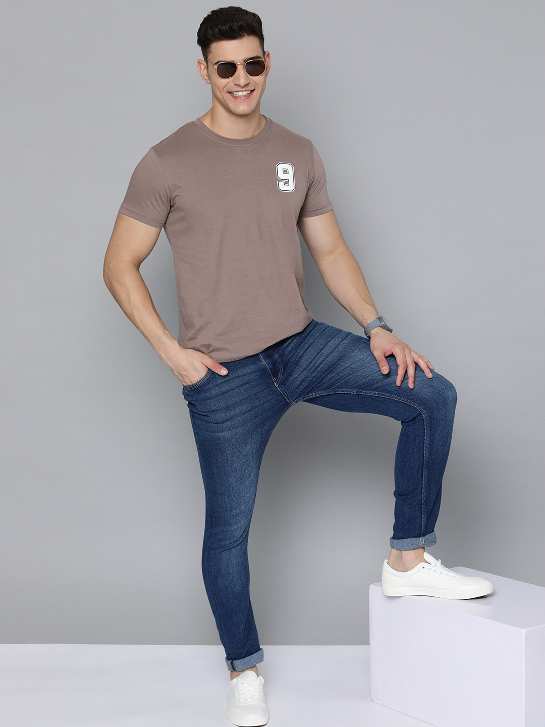 

HERE&NOW Men Taupe Typography Printed Pure Cotton T-shirt