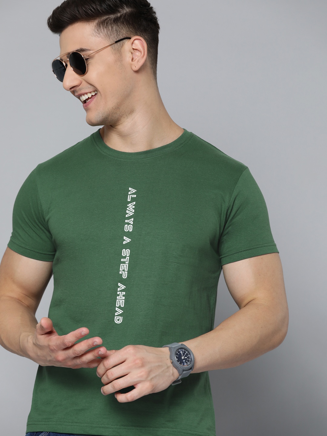 

HERE&NOW Men Green & White Typography Printed Pure Cotton T-shirt