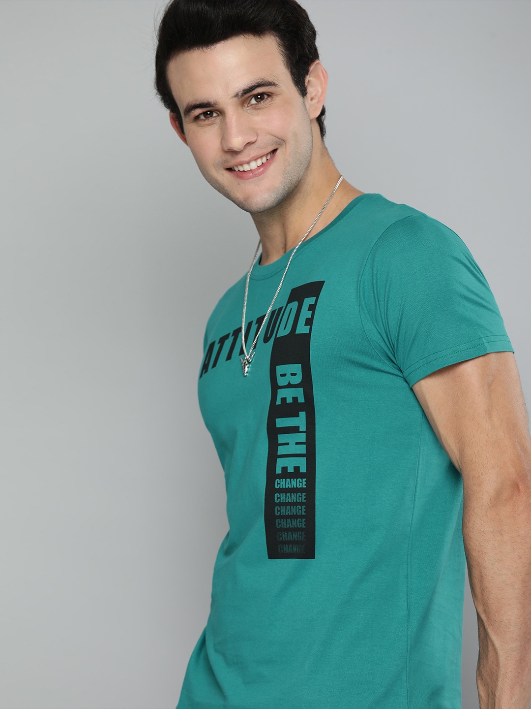 

HERE&NOW Men Teal Typography Printed Pure Cotton T-shirt