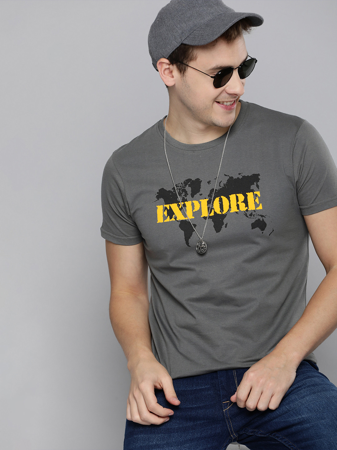 

HERE&NOW Men Charcoal Grey Typography Printed Round Neck Pure Cotton T-shirt