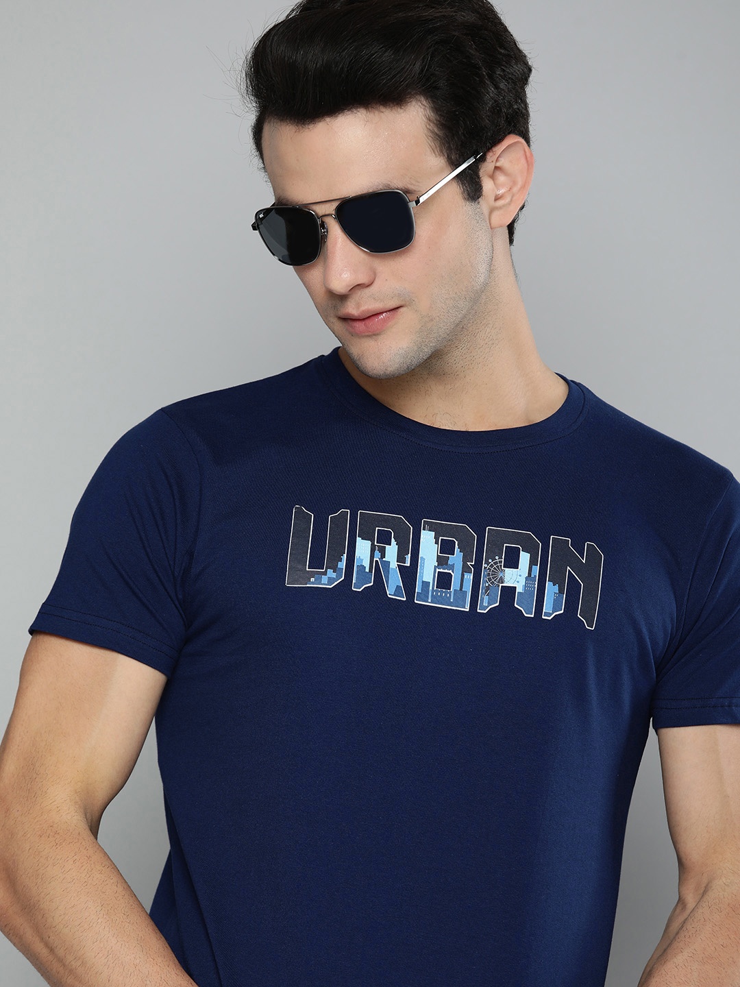 

HERE&NOW Men Navy Blue Typography Printed Pure Cotton T-shirt