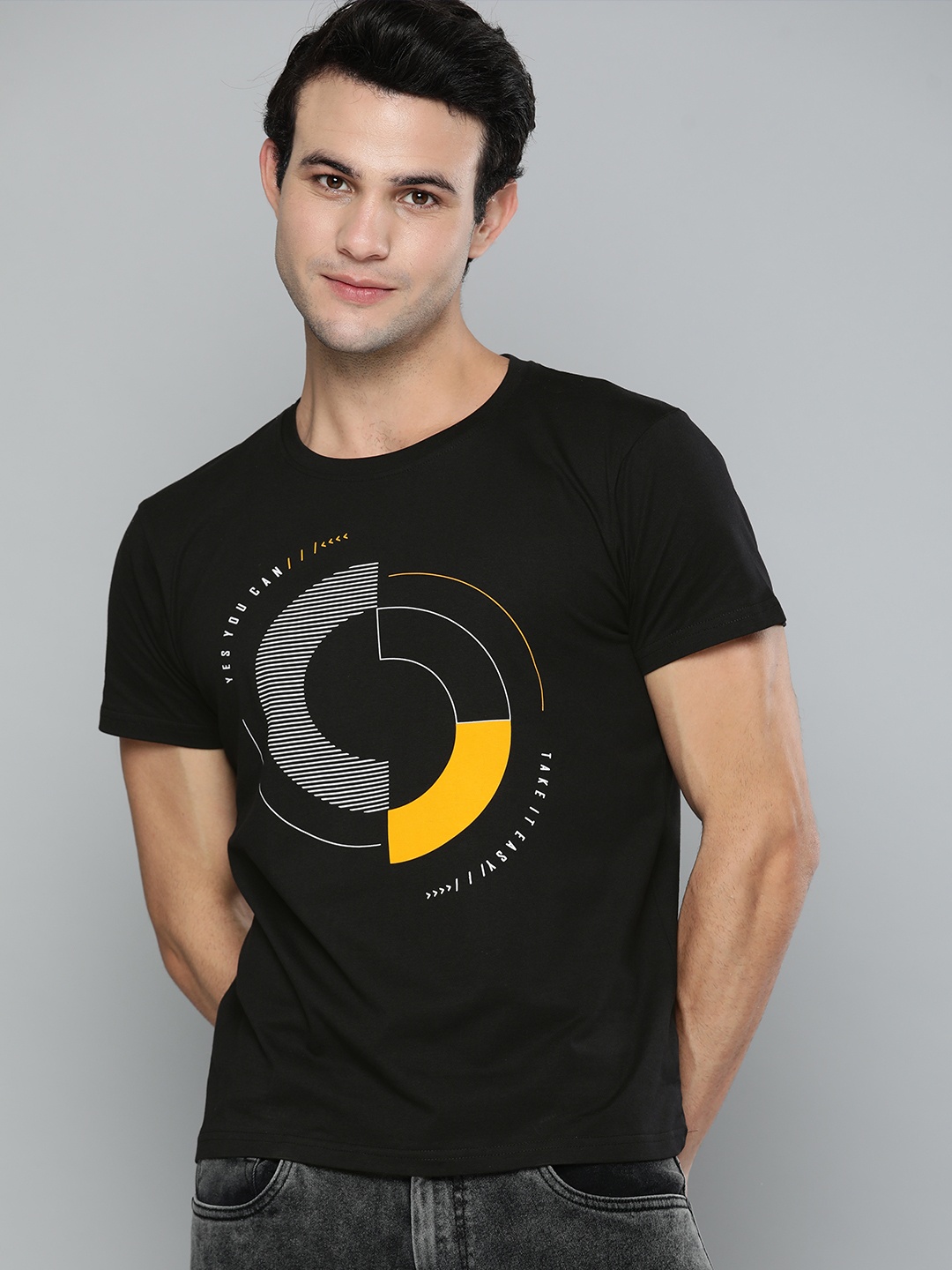 

HERE&NOW Men Black Geometrical Printed T-shirt