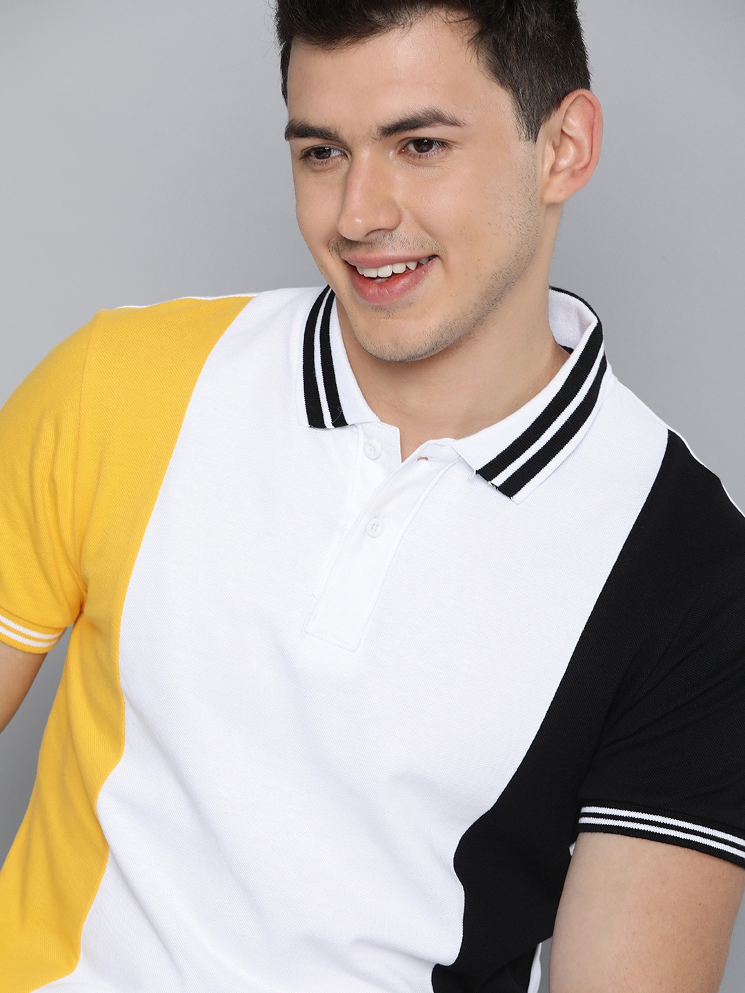 

HERE&NOW Men Mustard Yellow & White Colourblocked Polo Collar T-shirt