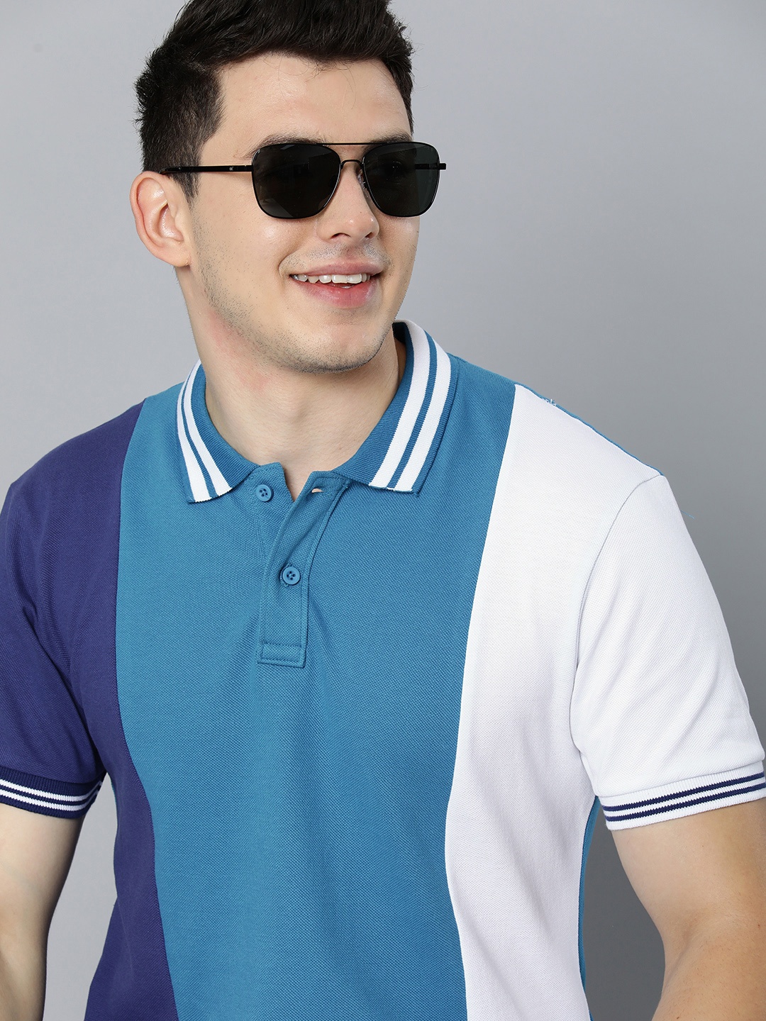 

HERE&NOW Men Blue & White Colourblocked Polo Collar Pure Cotton T-shirt