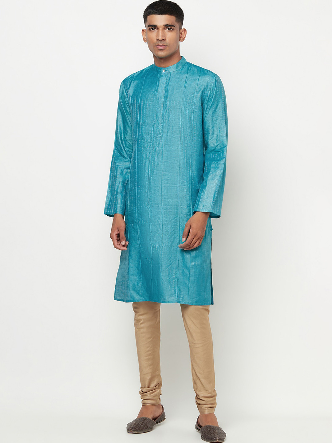 

Fabindia Men Blue & White Striped Pintuck Silk Kurta